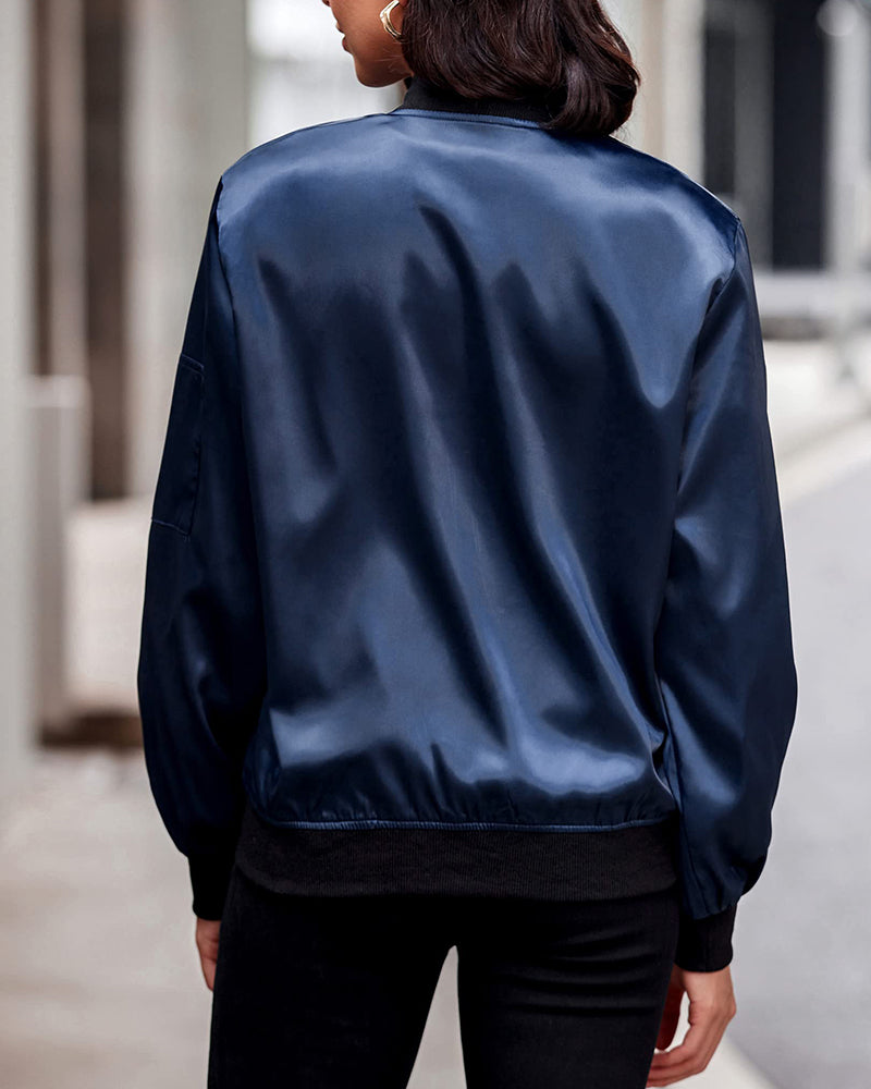 Women Classic Solid Biker Jacket Zip Up Bomber Jacket - Zeagoo (Us Only)