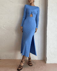 Women's Sweater Dress Twist Front Cutout Long Sleeve Bodycon Slim Fit Knit Ribbed Midi Dress with Slit