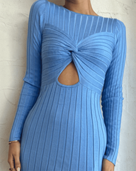 Women's Sweater Dress Twist Front Cutout Long Sleeve Bodycon Slim Fit Knit Ribbed Midi Dress with Slit