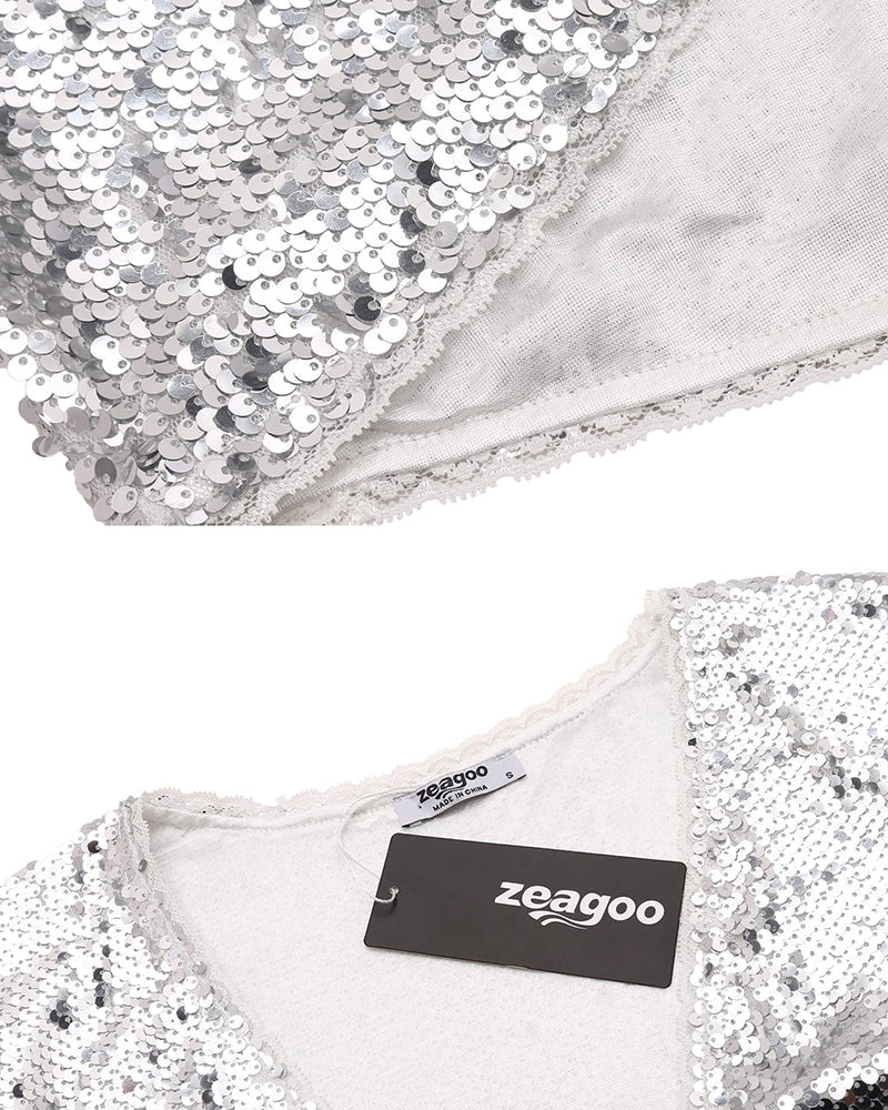 Sequin Shrug Glitter Bolero Jackets with Sparkly Blazer Long Sleeve Cropped Cardigan - Zeagoo (Us Only)