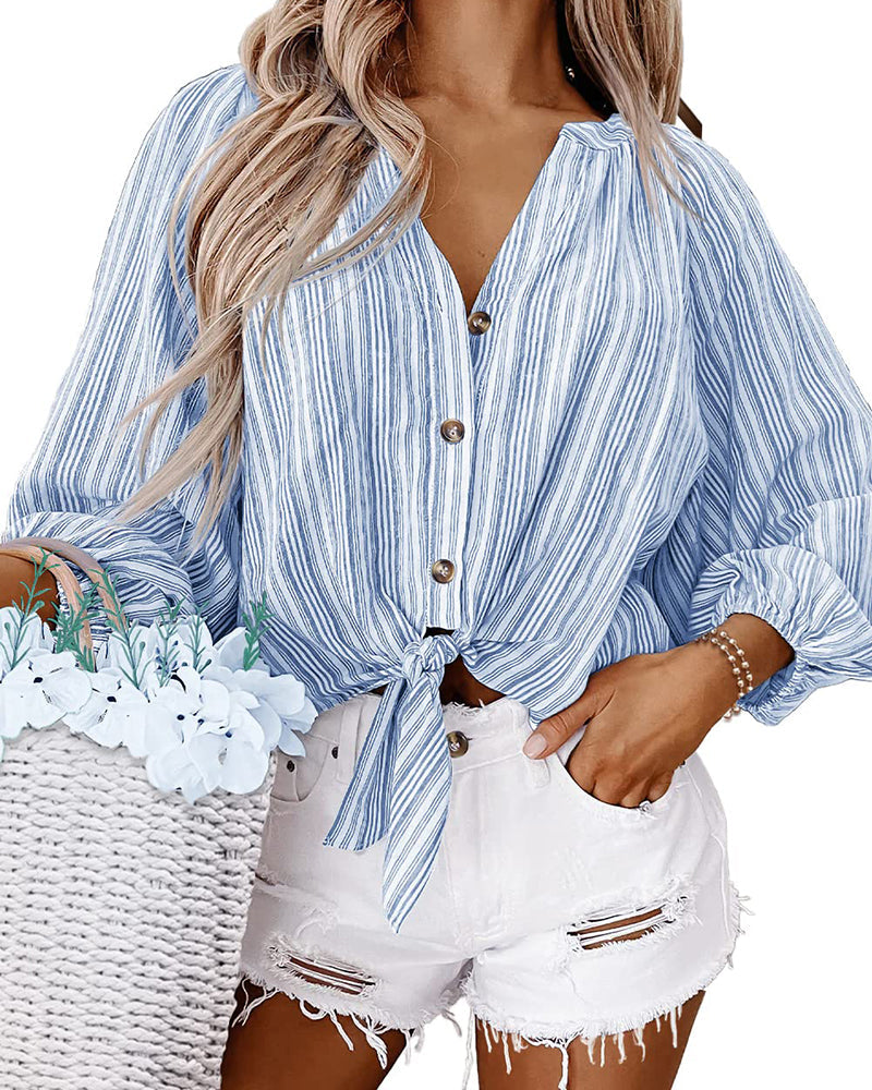 Womens Button Down V Neck Tie Knot Front Tops Cotton Long Sleeve Casual Blouse Shirts - Zeagoo (Us Only)