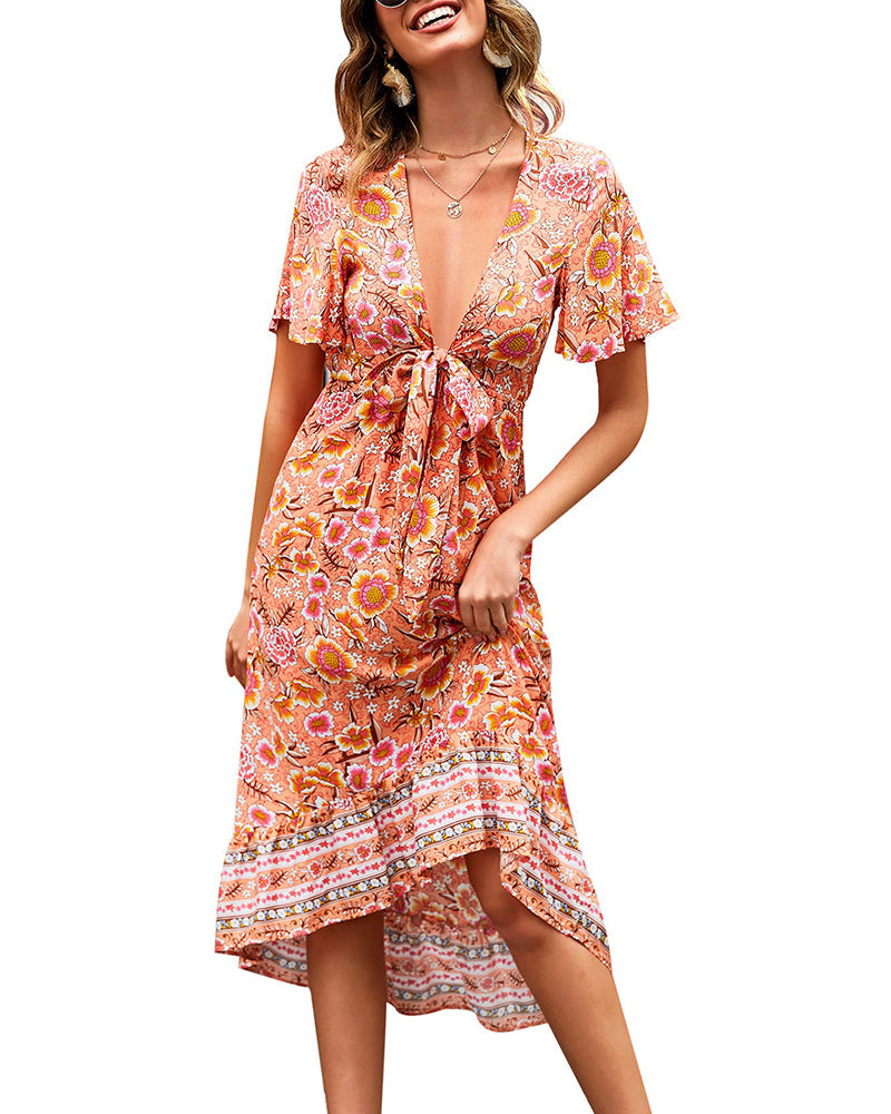 Bohemian Floral Tie Front V Neck Midi Dresses - Zeagoo (Us Only)