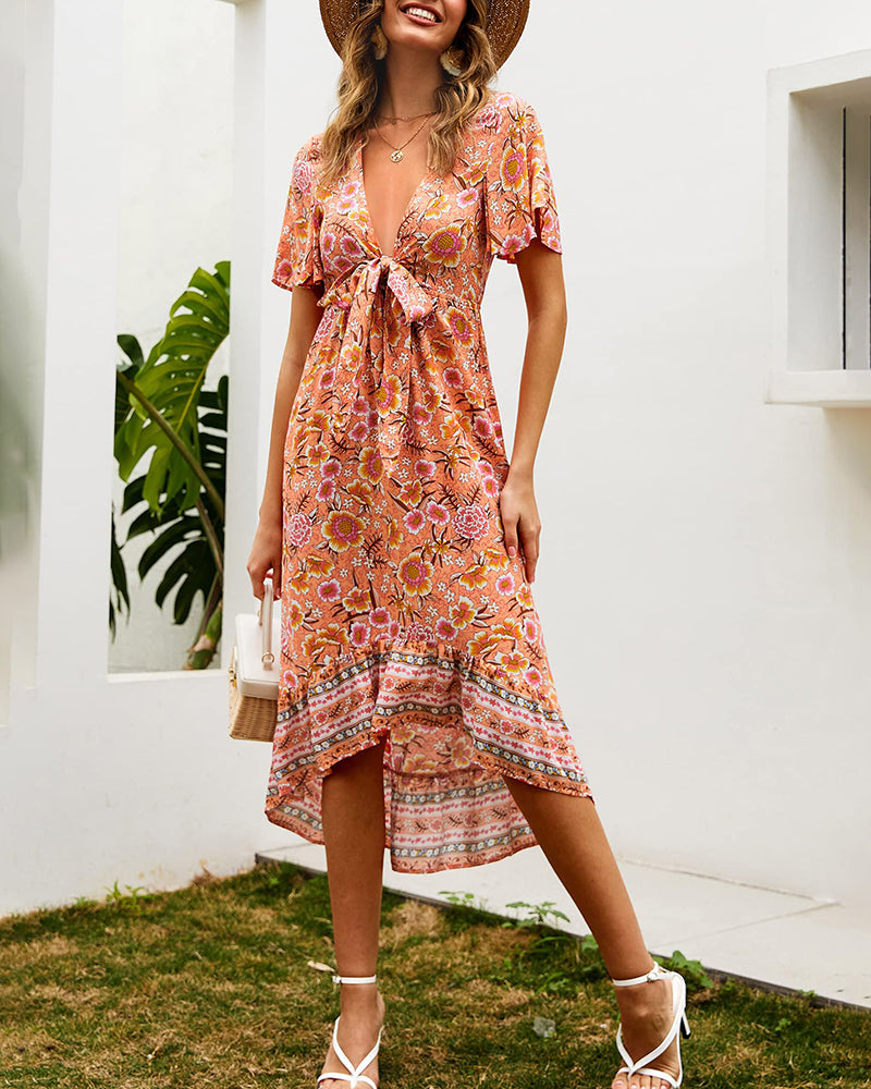 Bohemian Floral Tie Front V Neck Midi Dresses - Zeagoo (Us Only)