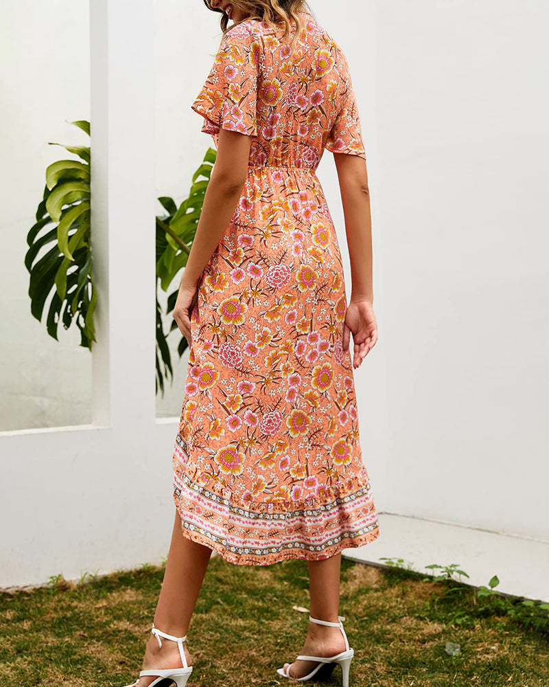 Bohemian Floral Tie Front V Neck Midi Dresses - Zeagoo (Us Only)