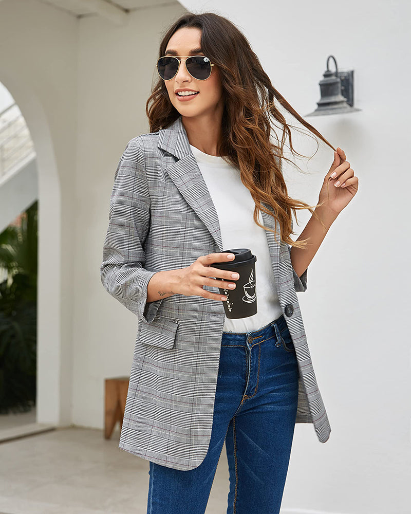 Casual Blazers Pockets Long Sleeve Open Front Work Office Jackets Lapel Button Long Blazer Suit for Bussiness