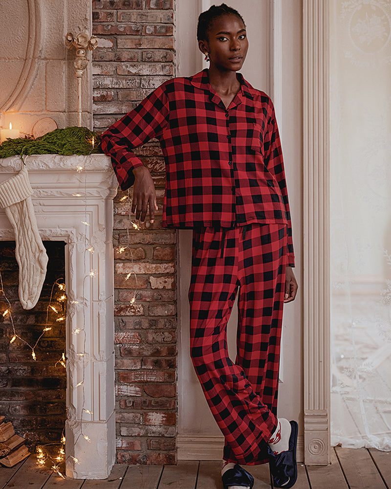 Plaid Printed Button Front Pajama Pant Set