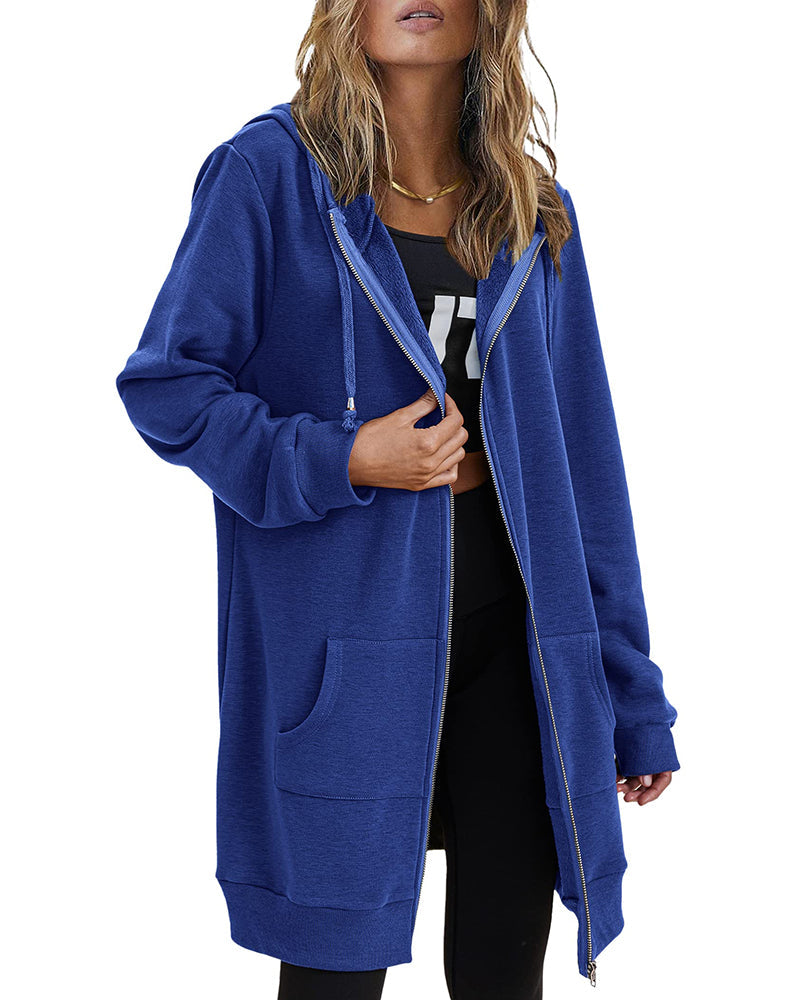 Women Zip Up Hoodies Long Fleece Jacket Lightweight Tunic Hooded Sweatshirt Oversize Winter Coat With Pockets - Zeagoo (Us Only)