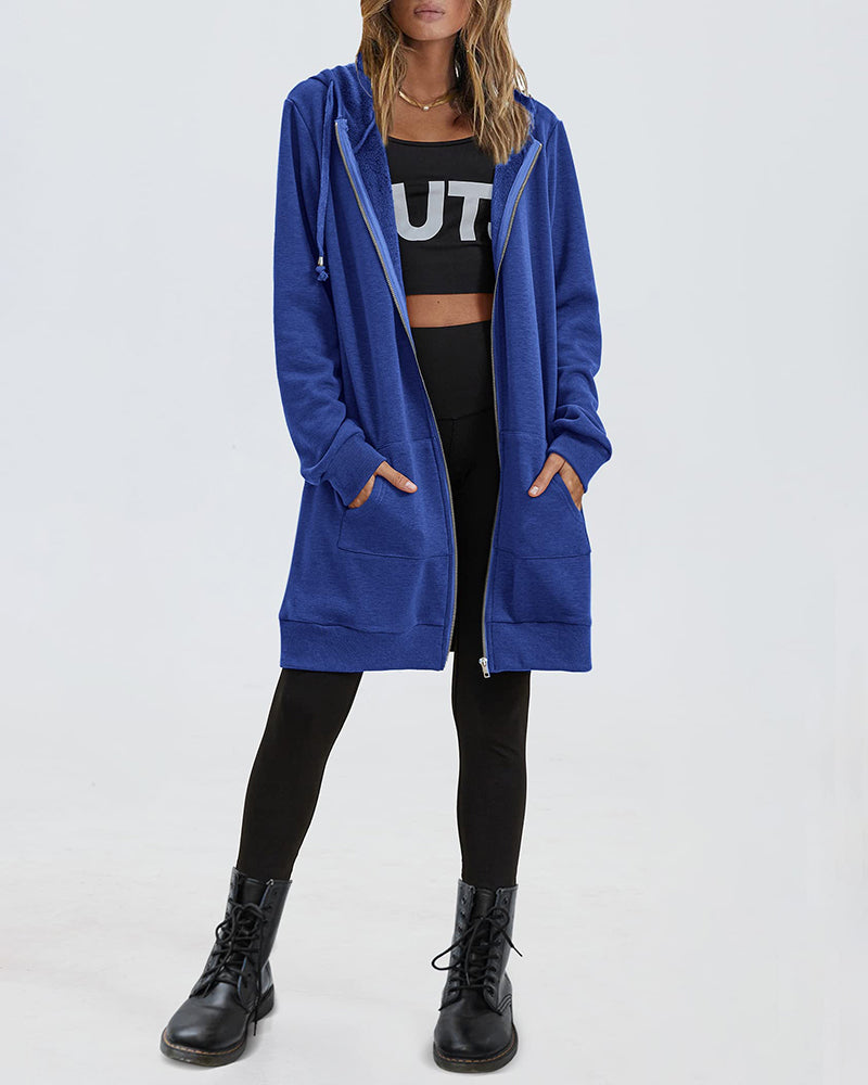 Women Zip Up Hoodies Long Fleece Jacket Lightweight Tunic Hooded Sweatshirt Oversize Winter Coat With Pockets - Zeagoo (Us Only)