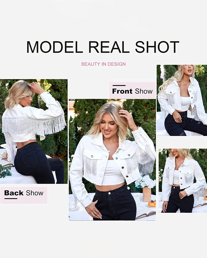 Women's Raw Hem Ripped Fringe Long Sleeve Crop Denim Jacket - Zeagoo (Us Only)