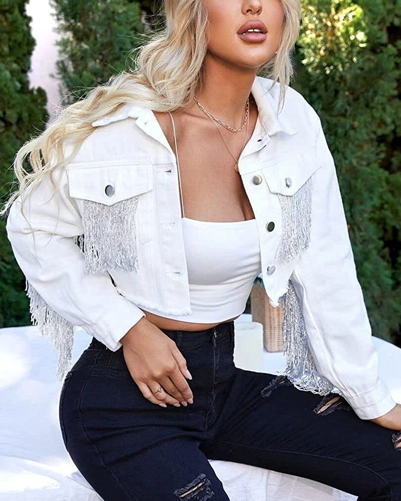 Women's Raw Hem Ripped Fringe Long Sleeve Crop Denim Jacket - Zeagoo (Us Only)