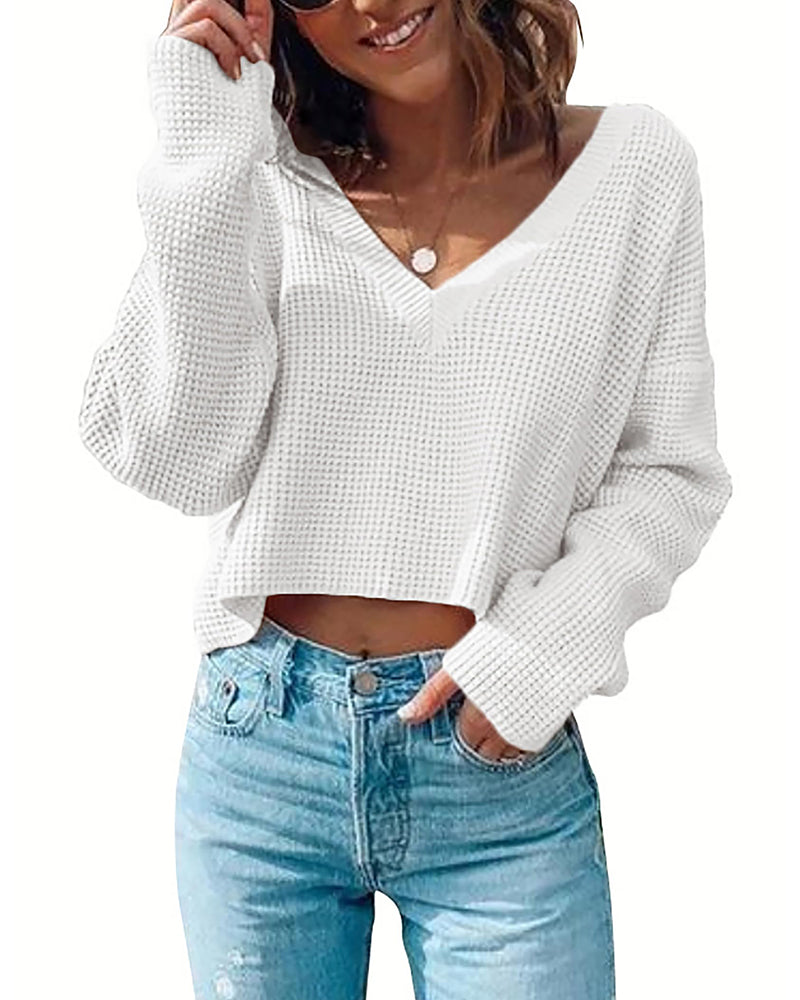 Zeagoo Women Long Sleeve Tops Waffle Knit Shirts Fashion Cropped Top Casual V Neck T Shirts