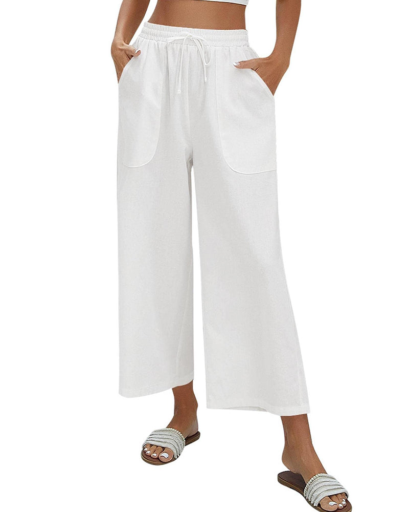 Women Cotton Linen Pants High Waisted Wide Leg Long Lounge Palazzo Pants Trousers with Pockets S-XXL - Zeagoo (Us Only)