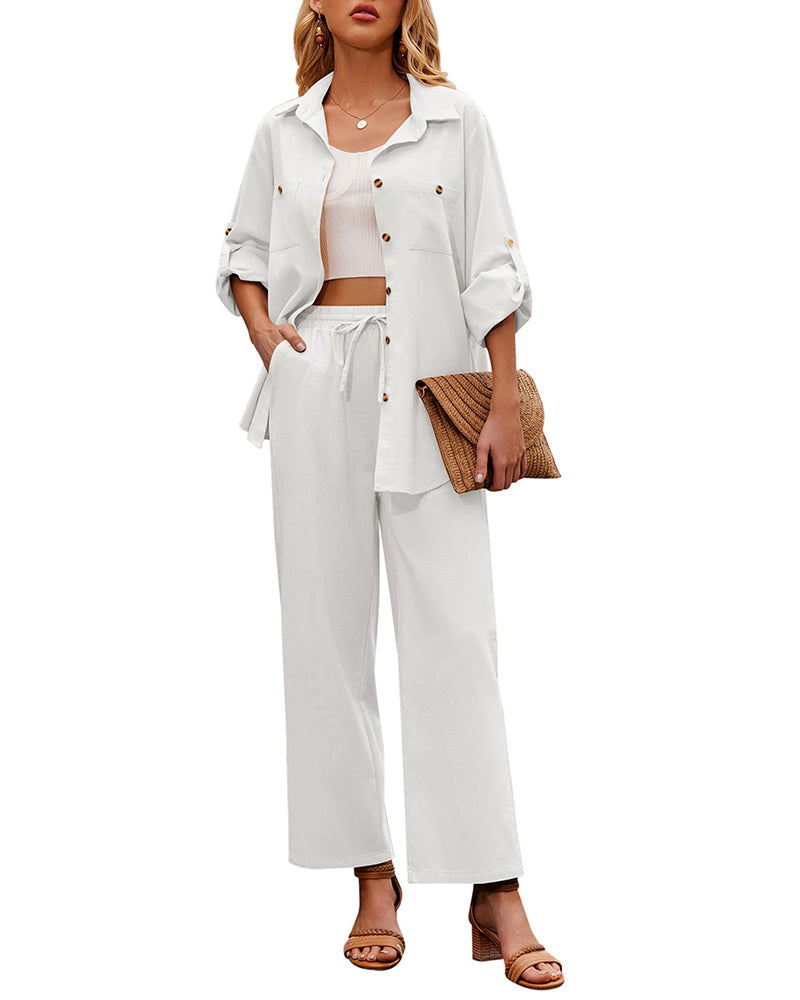 Zeagoo Women 2 Piece Linen Sets Button Down Shirt and Drawstring Long Pants Set Summer Outfits (US Only)
