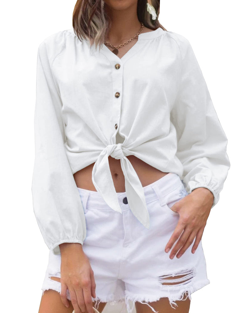 Womens Button Down V Neck Tie Knot Front Tops Cotton Long Sleeve Casual Blouse Shirts - Zeagoo (Us Only)