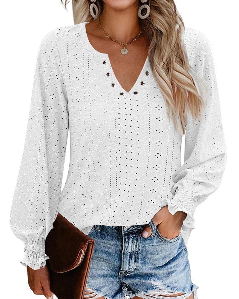 Zeagoo Women Casual V Neck T-Shirts Ruffle Long Sleeve Shirt Eyelet Loose Blouses S-XXL