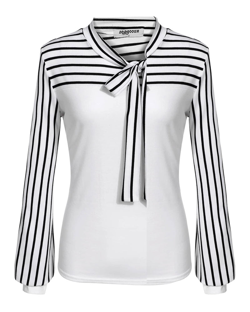 Women Office Blouse Bow Tie Neck Long Sleeve Shirts Work Tops - Zeagoo (Us Only)