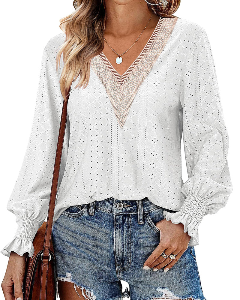 Zeagoo Casual Lace V Neck T-Shirts for Women 2023 Dressy Smocked Puff Long Sleeve Tops Eyelet Loose Tunic Blouses