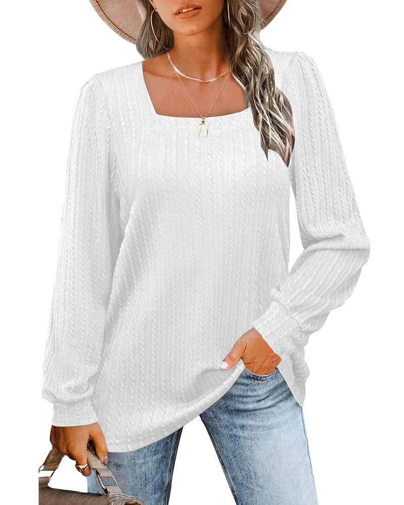 Zeagoo Tunic Tops for Women Loose Fit Dressy Square Neck Long Sleeve Shirts Rib Kint Pullover Blouses