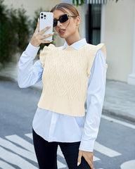 Women's Sweater Vests Round Neck Ruffle Cable Knit Cropped Tops Sleeveless Sweater S-XXL - Zeagoo (Us Only)