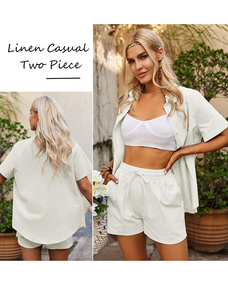 Women 2 Piece Linen Set Outfit Summer Button Down Casual Lounge Beach Set - Zeagoo (Us Only)