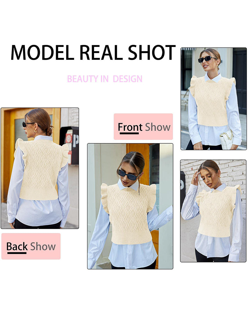 Women's Sweater Vests Round Neck Ruffle Cable Knit Cropped Tops Sleeveless Sweater S-XXL - Zeagoo (Us Only)