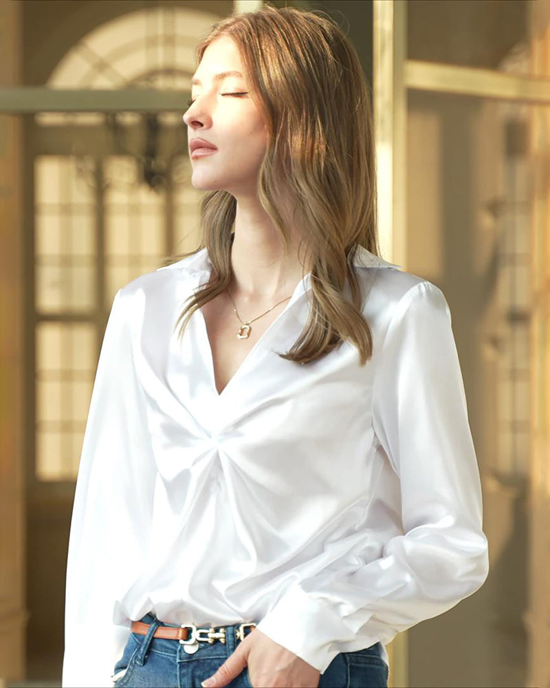 Satin V Neck Twist Front Silk Shirts - Zeagoo (Us Only)