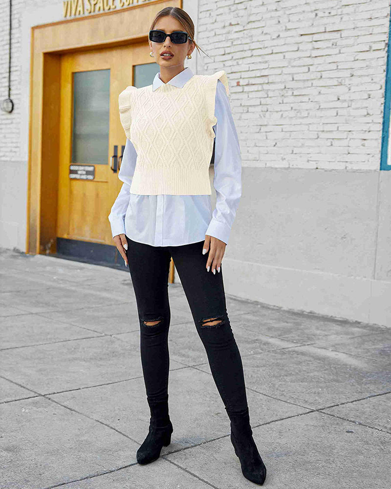Women's Sweater Vests Round Neck Ruffle Cable Knit Cropped Tops Sleeveless Sweater S-XXL - Zeagoo (Us Only)
