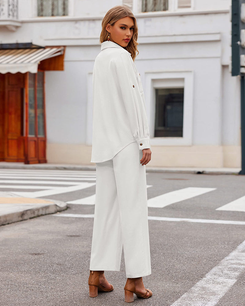 Zeagoo Women 2 Piece Linen Sets Button Down Shirt and Drawstring Long Pants Set Summer Outfits (US Only)