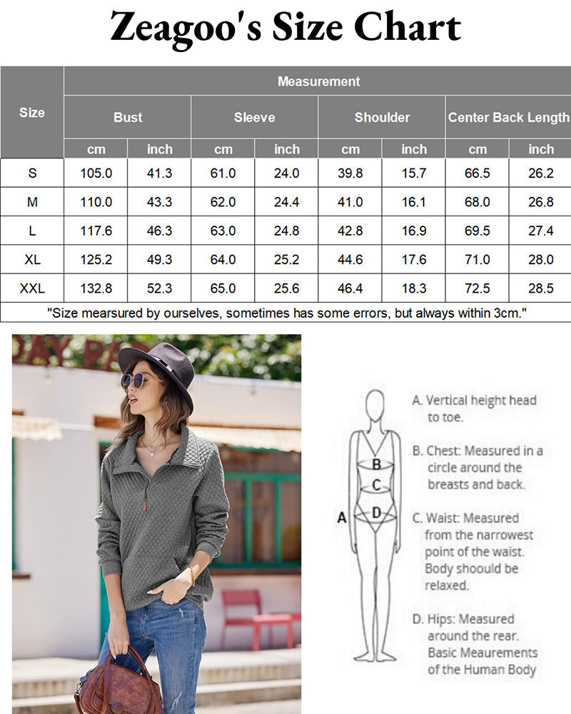 Womens Quilted Sweatshirts Quarter Zip Pullovers Lightweight Long Sleeve Stand Collar Tops with Kangaroo Pocket - Zeagoo (Us Only)