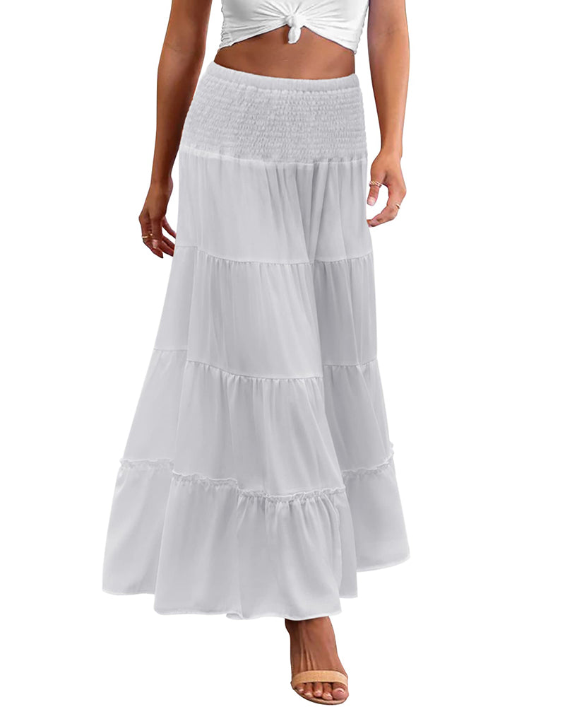 Women's Long Maxi Skirts Tiered High Waist Boho Elastic Layered A-Line Casual Midi Dress - Zeagoo (Us Only)