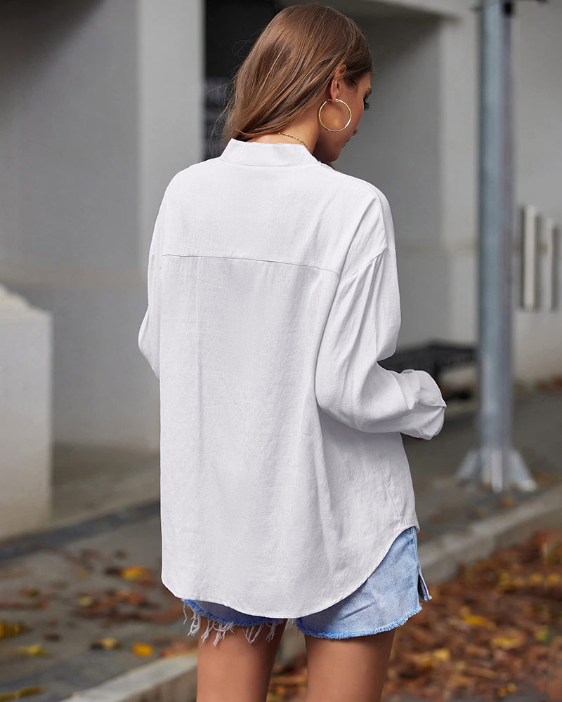 Womens Blouses Dressy Casual Long Sleeve Henley V-Neck Button Up Drop Shoulder Blouse Shirt Tops Relaxed Fit S-XXL - Zeagoo (Us Only)