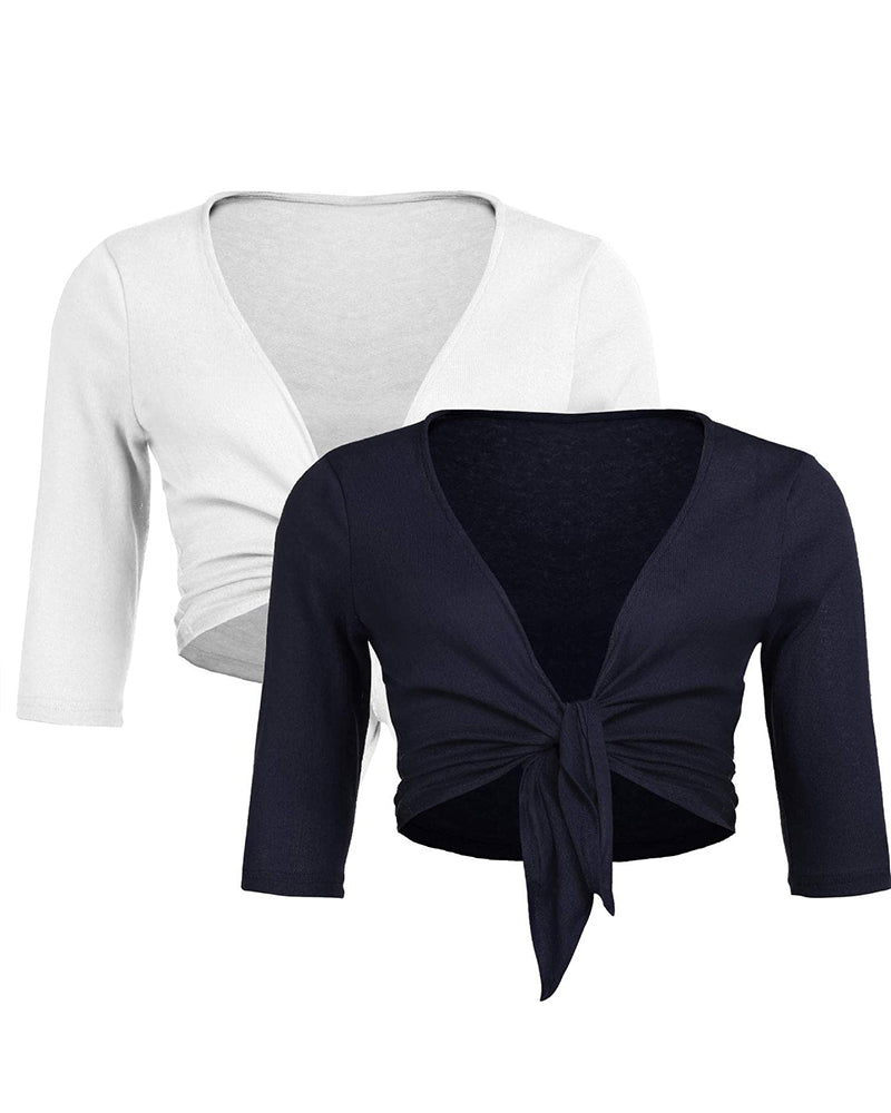 Women's Cropped Cardigan 3/4 Sleeve Sweater Shrugs Tie Front Bolero Jacket 2 Pack S-XXL - Zeagoo (Us Only)