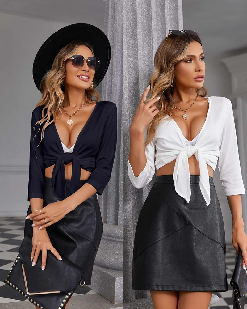 Women's Cropped Cardigan 3/4 Sleeve Sweater Shrugs Tie Front Bolero Jacket 2 Pack S-XXL - Zeagoo (Us Only)