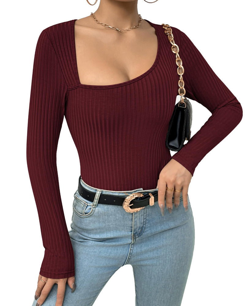 Zeagoo Women's Bodysuit 2023 One Piece Asymmetrical Neck Long Sleeve Ribbed Slim Thong Body Suit Tops for Women