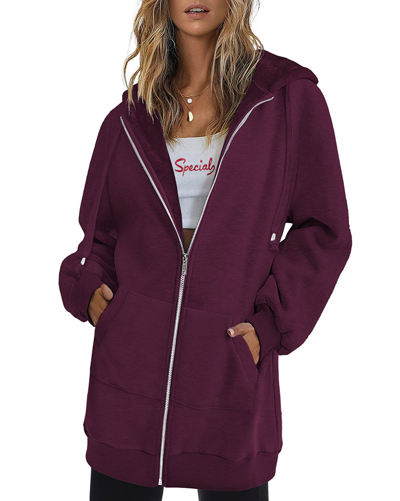 Women Zip Up Hoodies Long Fleece Jacket Lightweight Tunic Hooded Sweatshirt Oversize Winter Coat With Pockets - Zeagoo (Us Only)