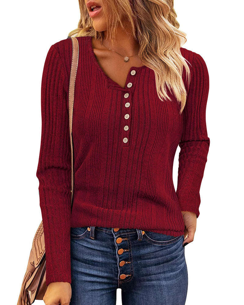 Zeagoo Womens Sweaters Ribbed Knit Slim Fit Long Sleeve Henley Shirts Pullover V Neck Button Basic Tops S-2XL