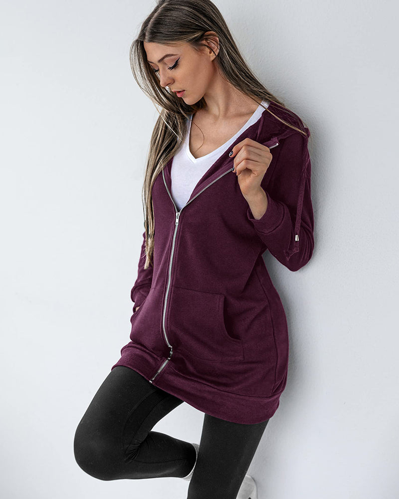 Women Zip Up Hoodies Long Fleece Jacket Lightweight Tunic Hooded Sweatshirt Oversize Winter Coat With Pockets - Zeagoo (Us Only)