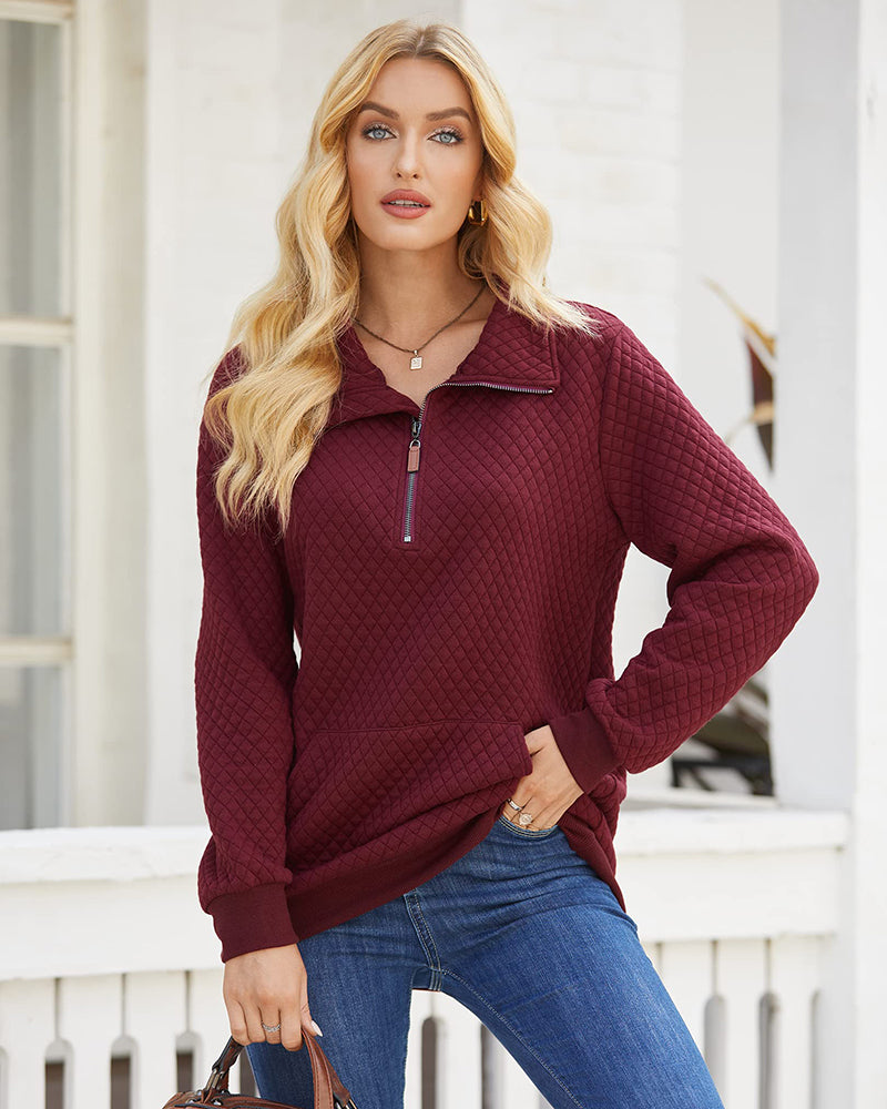 Womens Quilted Sweatshirts Quarter Zip Pullovers Lightweight Long Sleeve Stand Collar Tops with Kangaroo Pocket - Zeagoo (Us Only)