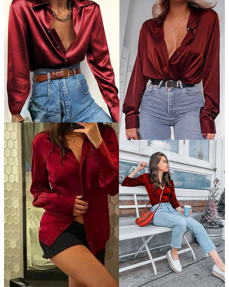 Satin V Neck Twist Front Silk Shirts - Zeagoo (Us Only)