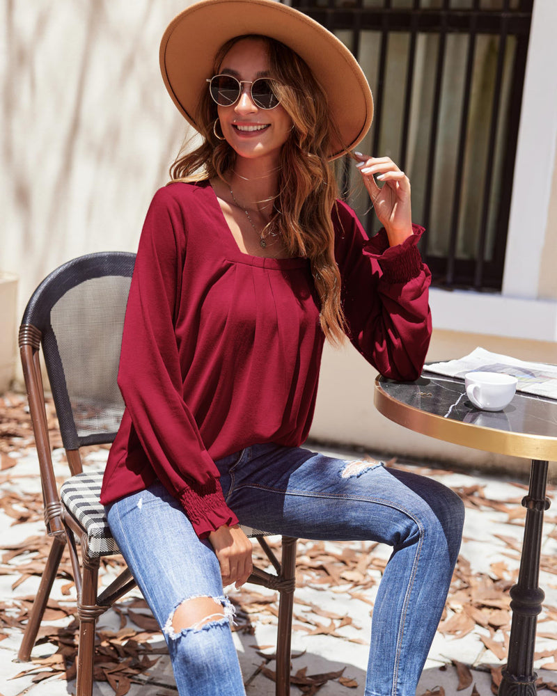 Zeagoo Long Sleeve Shirts for Women Square Neck Pleated Tunic Tops Loose Fit Fashion Blouses S-2XL