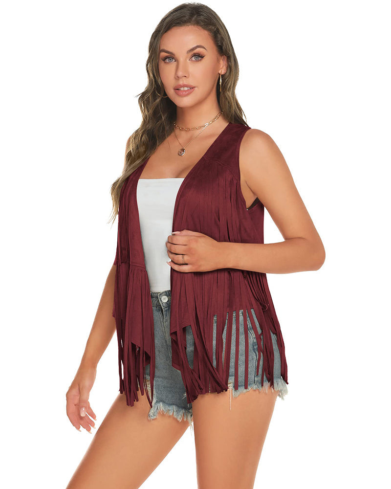 Women's Tassel Sleeveless Vest 70s Outfits for Women Hippie Clothes Fringe Jacket Cardigan S-XXL - Zeagoo (Us Only)