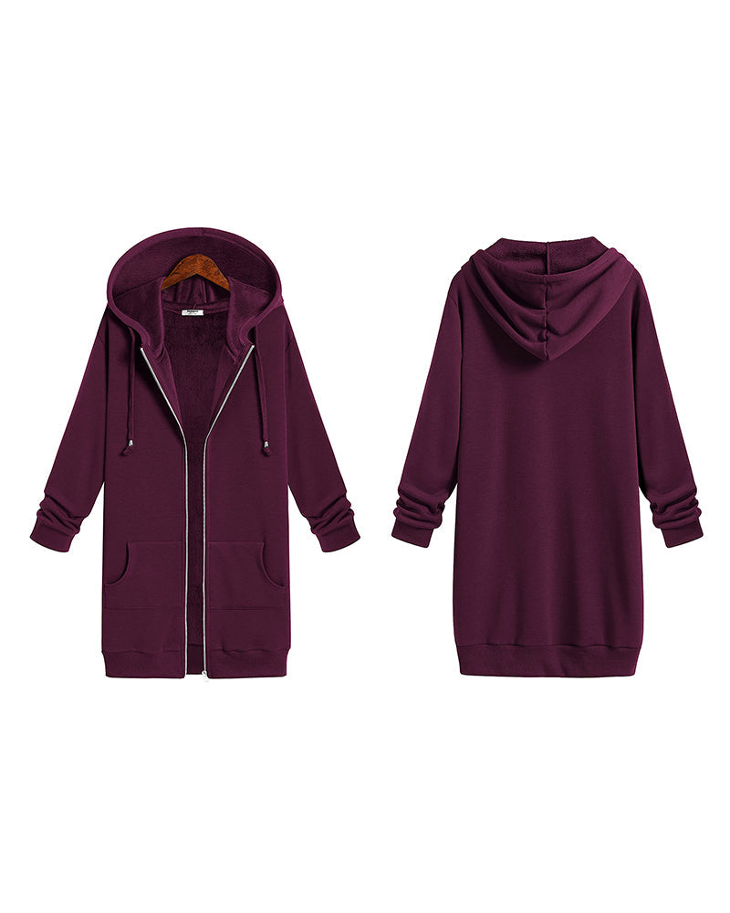 Women Zip Up Hoodies Long Fleece Jacket Lightweight Tunic Hooded Sweatshirt Oversize Winter Coat With Pockets - Zeagoo (Us Only)