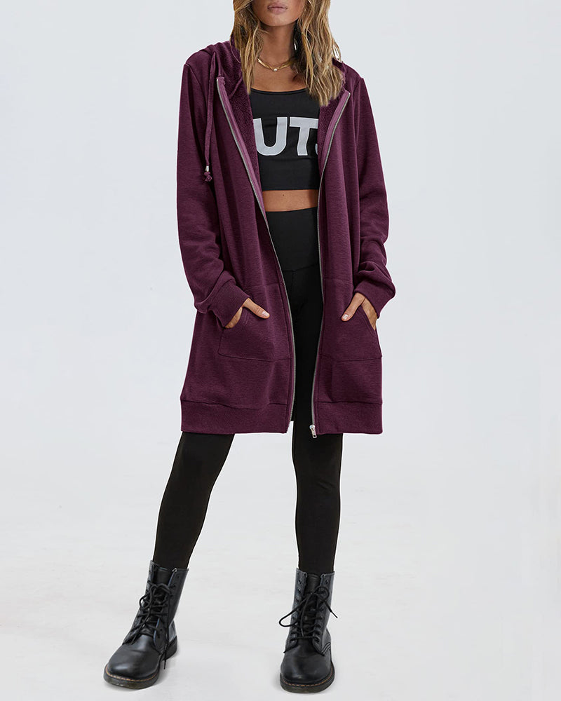 Women Zip Up Hoodies Long Fleece Jacket Lightweight Tunic Hooded Sweatshirt Oversize Winter Coat With Pockets - Zeagoo (Us Only)