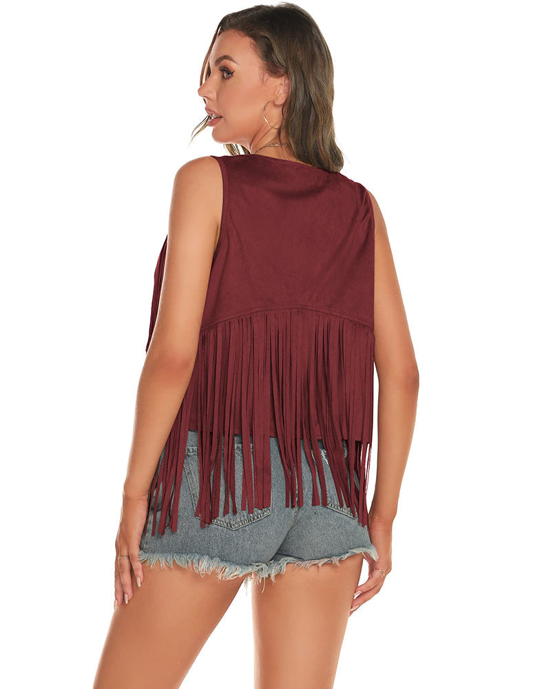 Women's Tassel Sleeveless Vest 70s Outfits for Women Hippie Clothes Fringe Jacket Cardigan S-XXL - Zeagoo (Us Only)