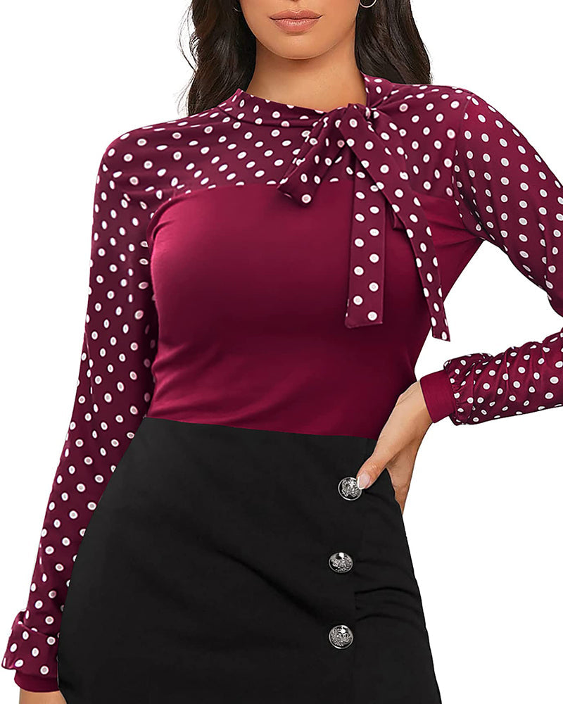 Women Office Blouse Bow Tie Neck Long Sleeve Shirts Work Tops - Zeagoo (Us Only)