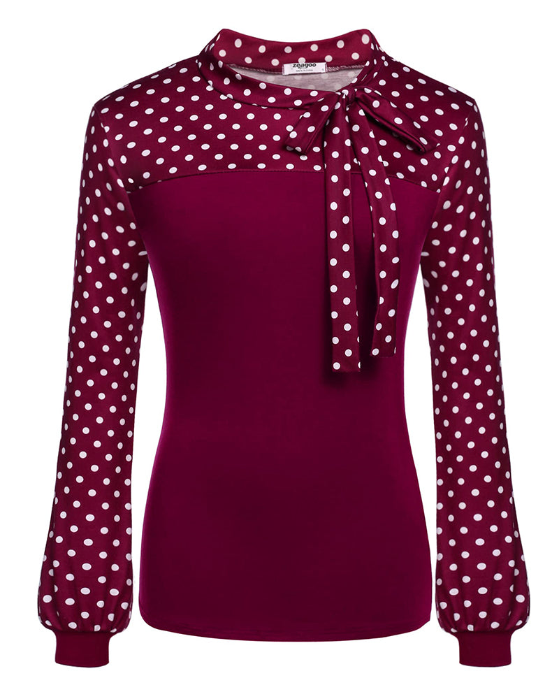 Women Office Blouse Bow Tie Neck Long Sleeve Shirts Work Tops - Zeagoo (Us Only)