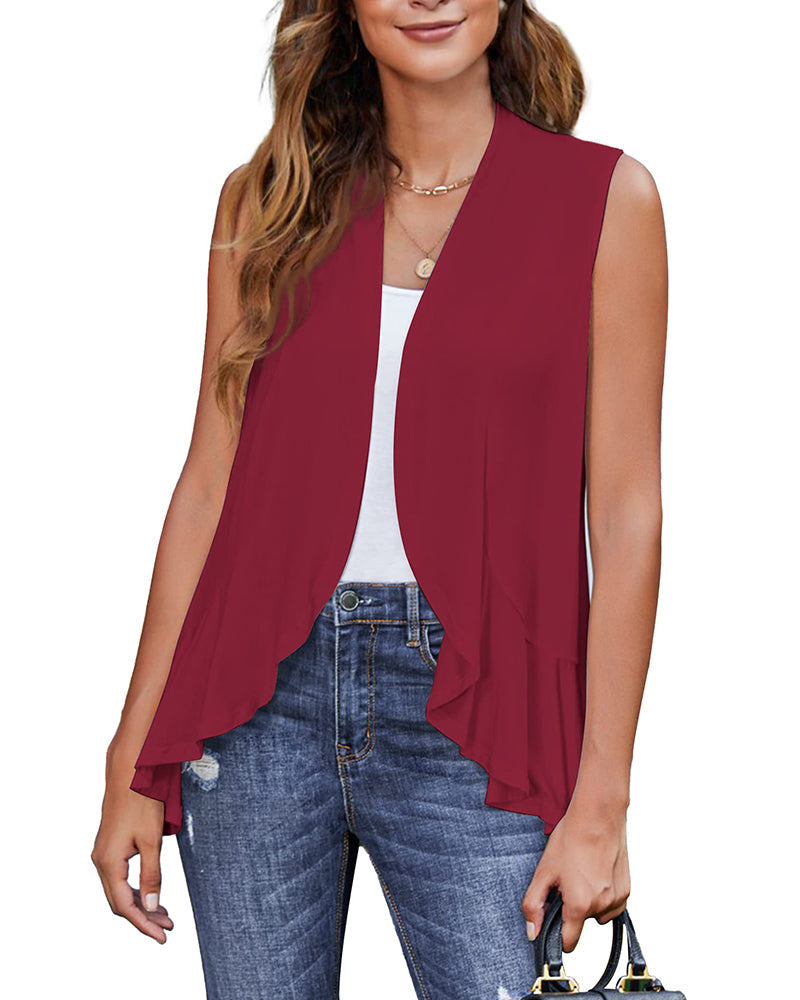 Women's Sleeveless Draped Open Front Cardigan Ruffles Hem Vest - Zeagoo (Us Only)
