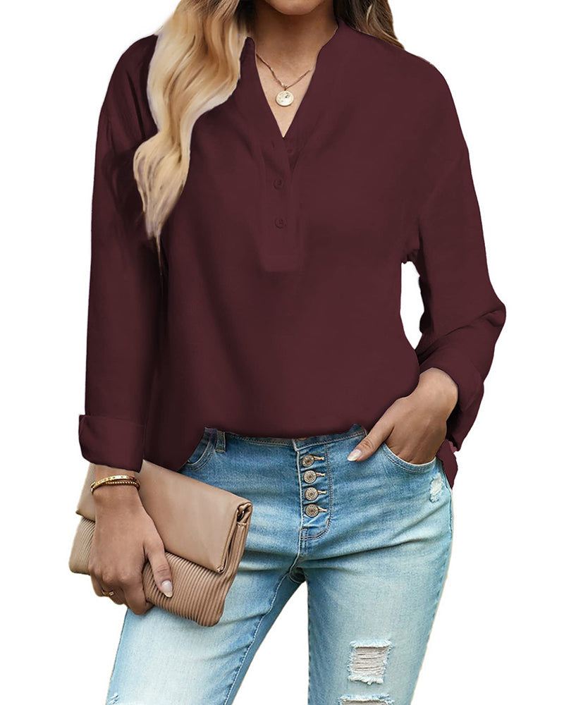 Womens Blouses Dressy Casual Long Sleeve Henley V-Neck Button Up Drop Shoulder Blouse Shirt Tops Relaxed Fit S-XXL - Zeagoo (Us Only)