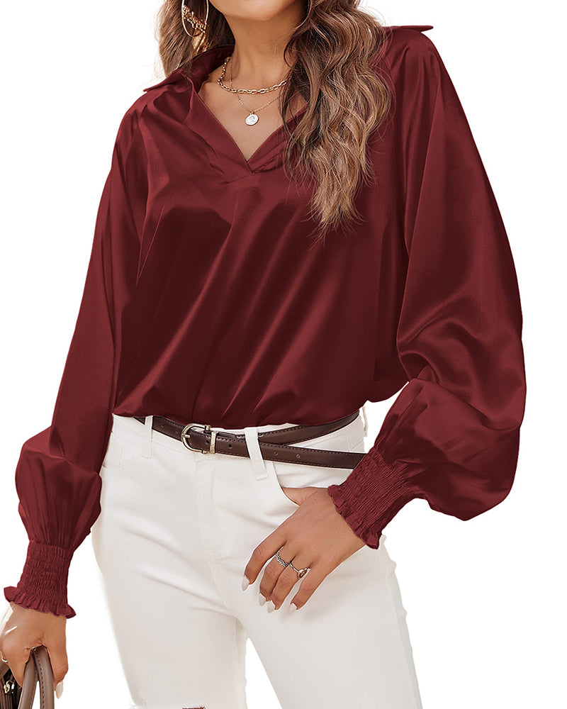 Women's Silk Shirts V Neck Shirred Lantern Sleeve Casual Work Blouse Tunic Tops - Zeagoo (Us Only)