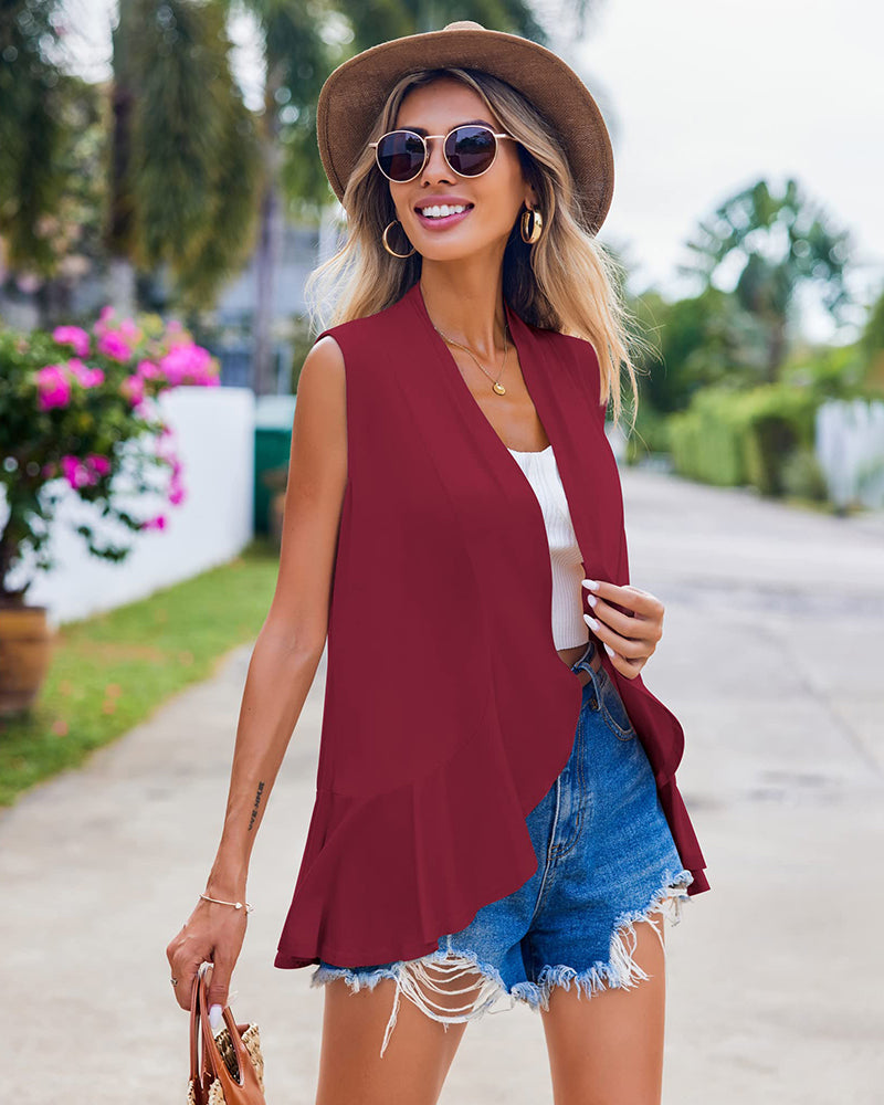 Women's Sleeveless Draped Open Front Cardigan Ruffles Hem Vest - Zeagoo (Us Only)